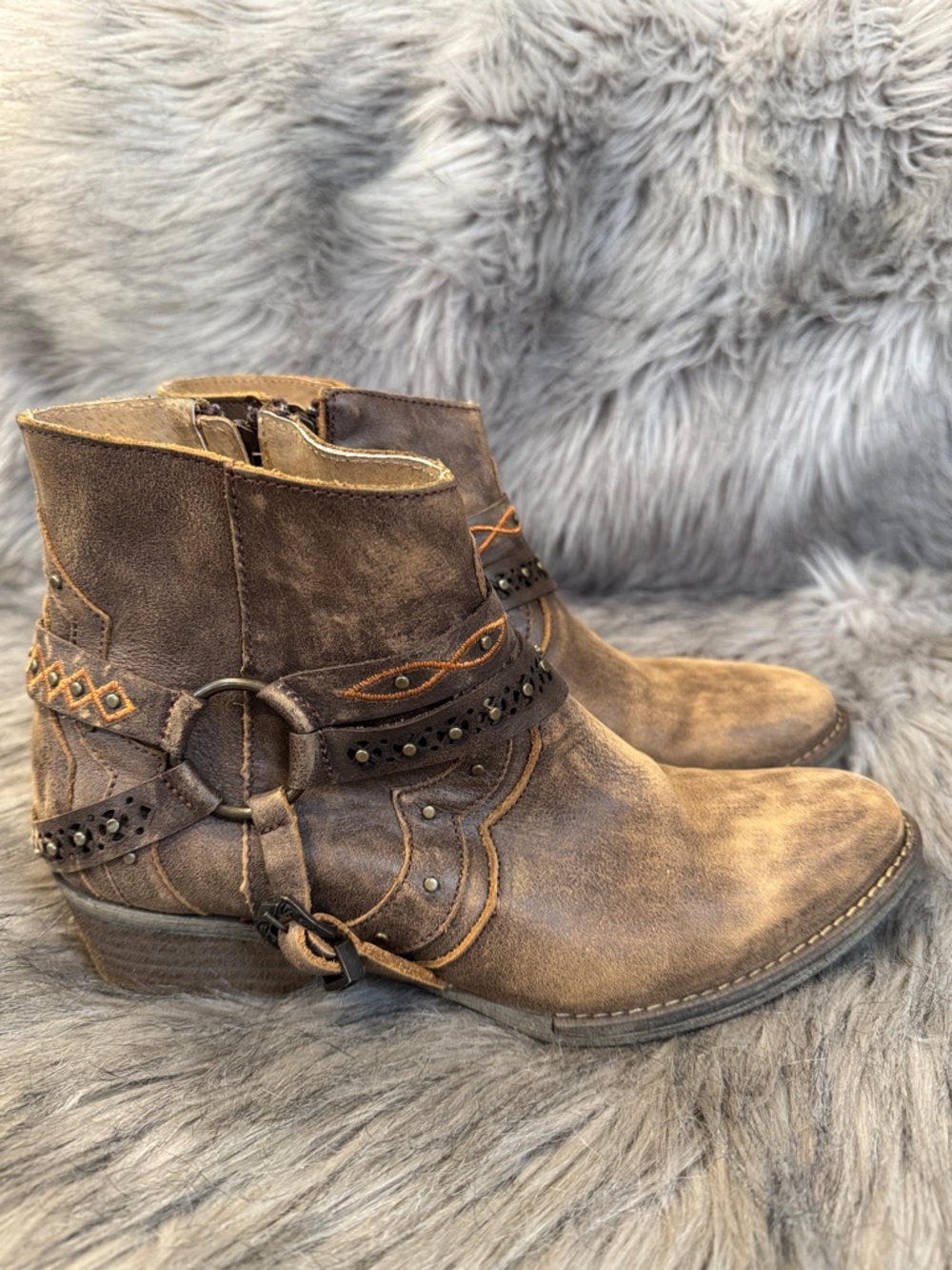 Circle G Distressed Brown Leather Ankle Booties with Decorative Strap Size 10